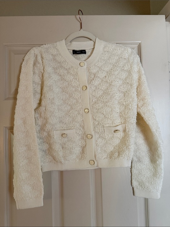 Mango Sweaters - Mango Cream Textured Teddy Cardigan with Gold Buttons